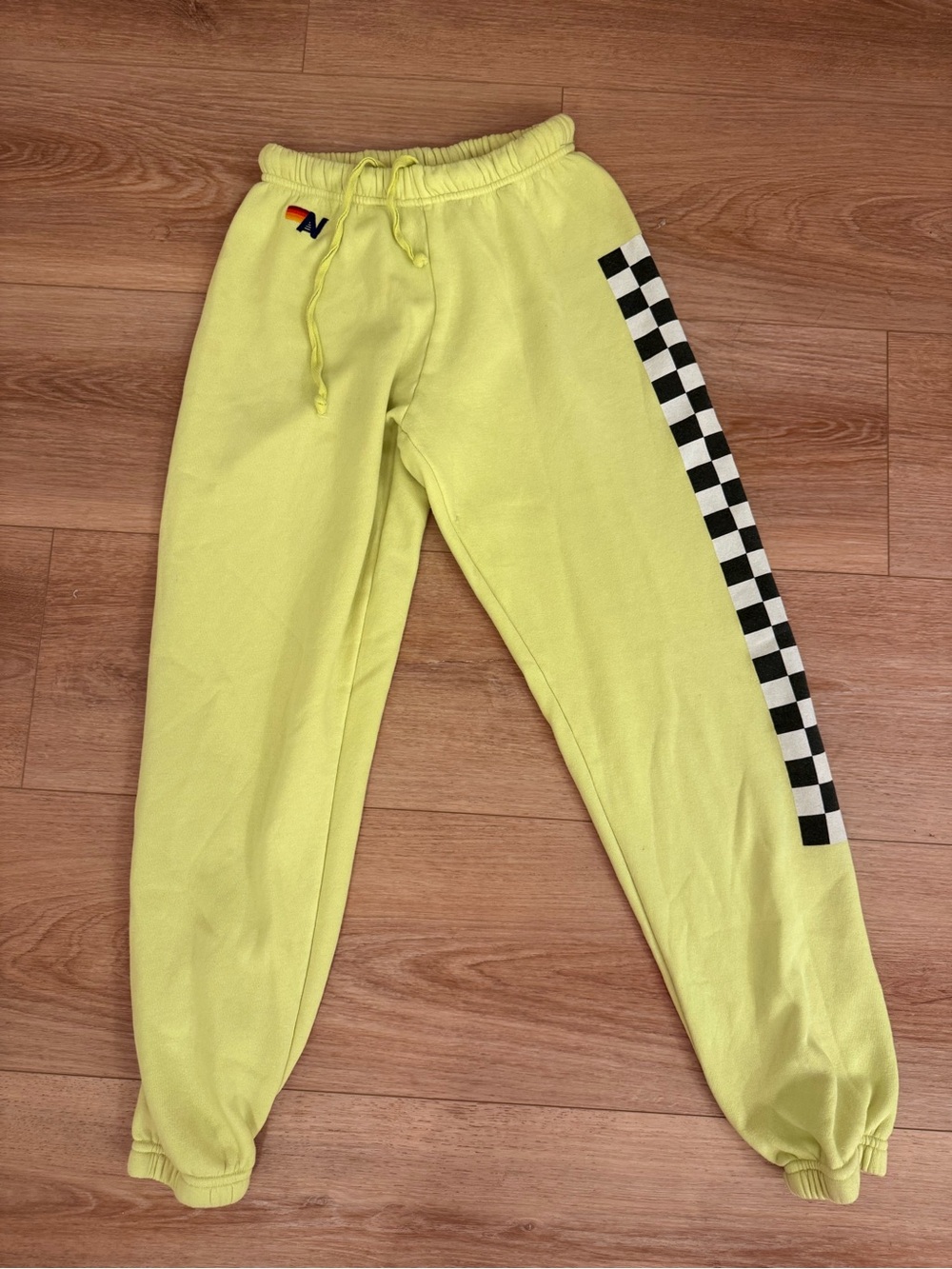 Aviator Nation Women Yellow Checkered Side Stripe Sweatpants Joggers Small - Picture 2 of 11